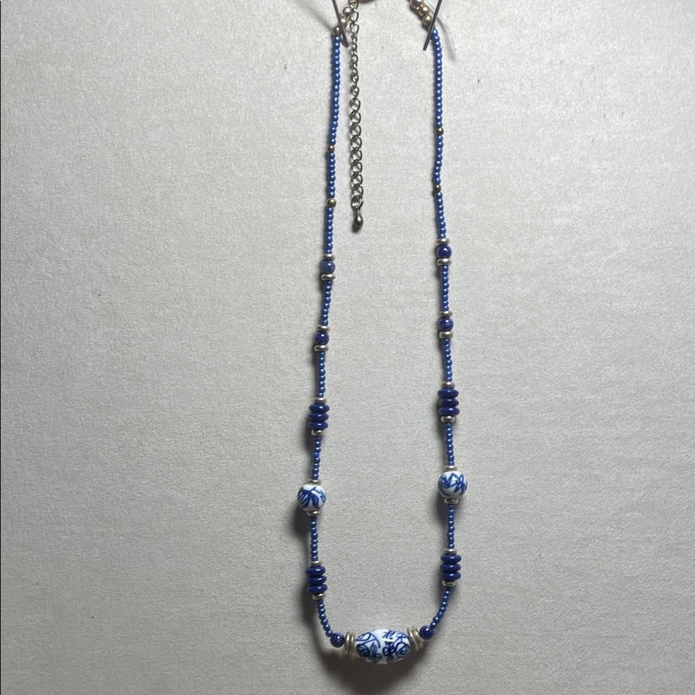 Blue Beaded Necklace with Porcelain Accent